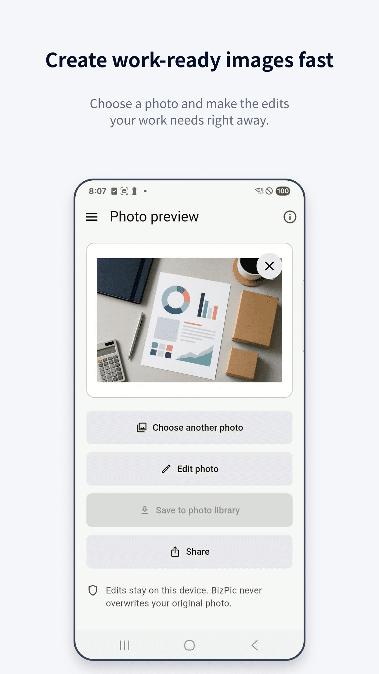 BizPic work-ready image start screen