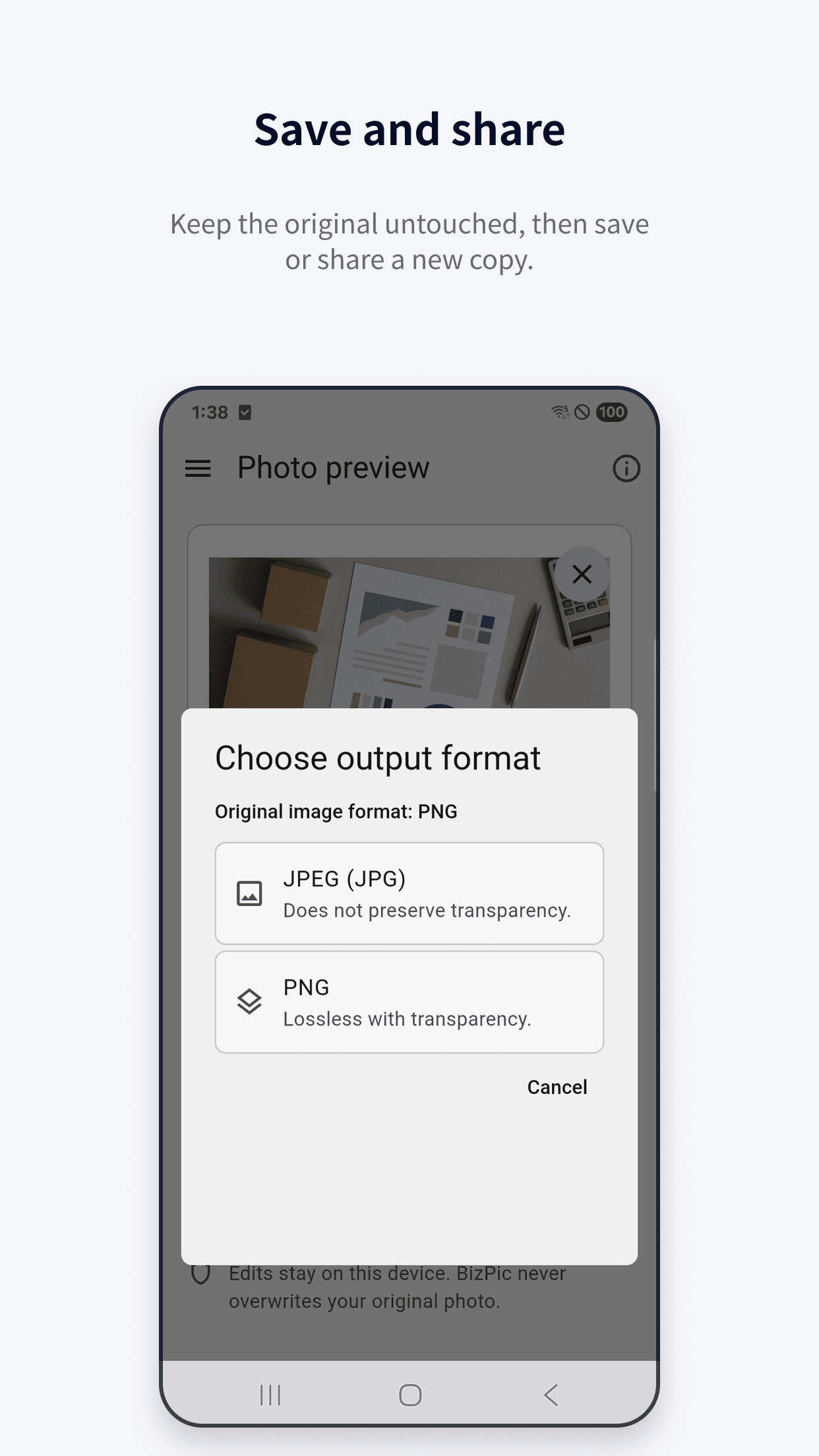 BizPic save and share screen