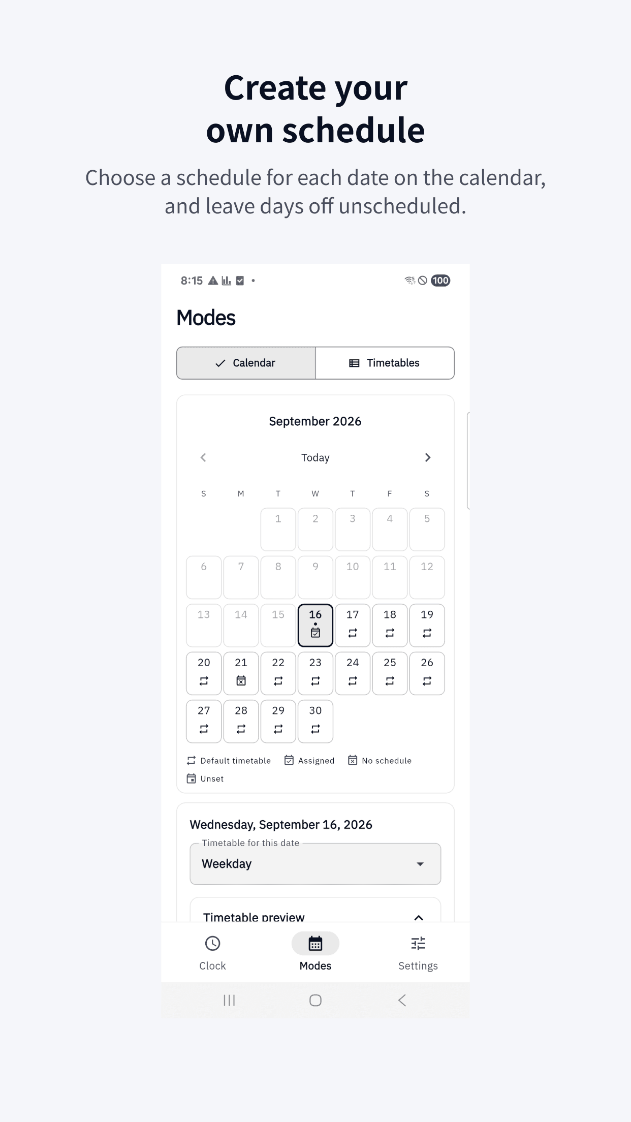 ModeClock timetable selection by date