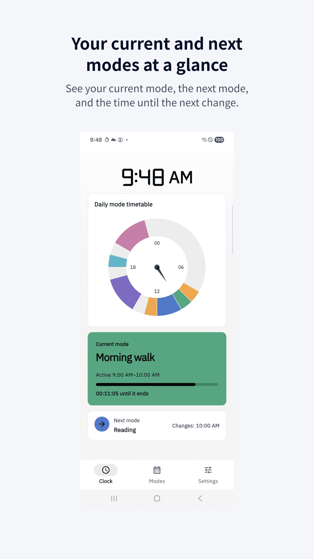 ModeClock clock with current and next activities