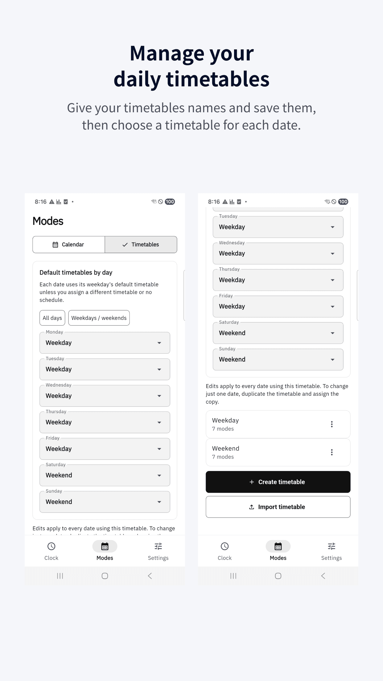 ModeClock timetable list and weekday defaults