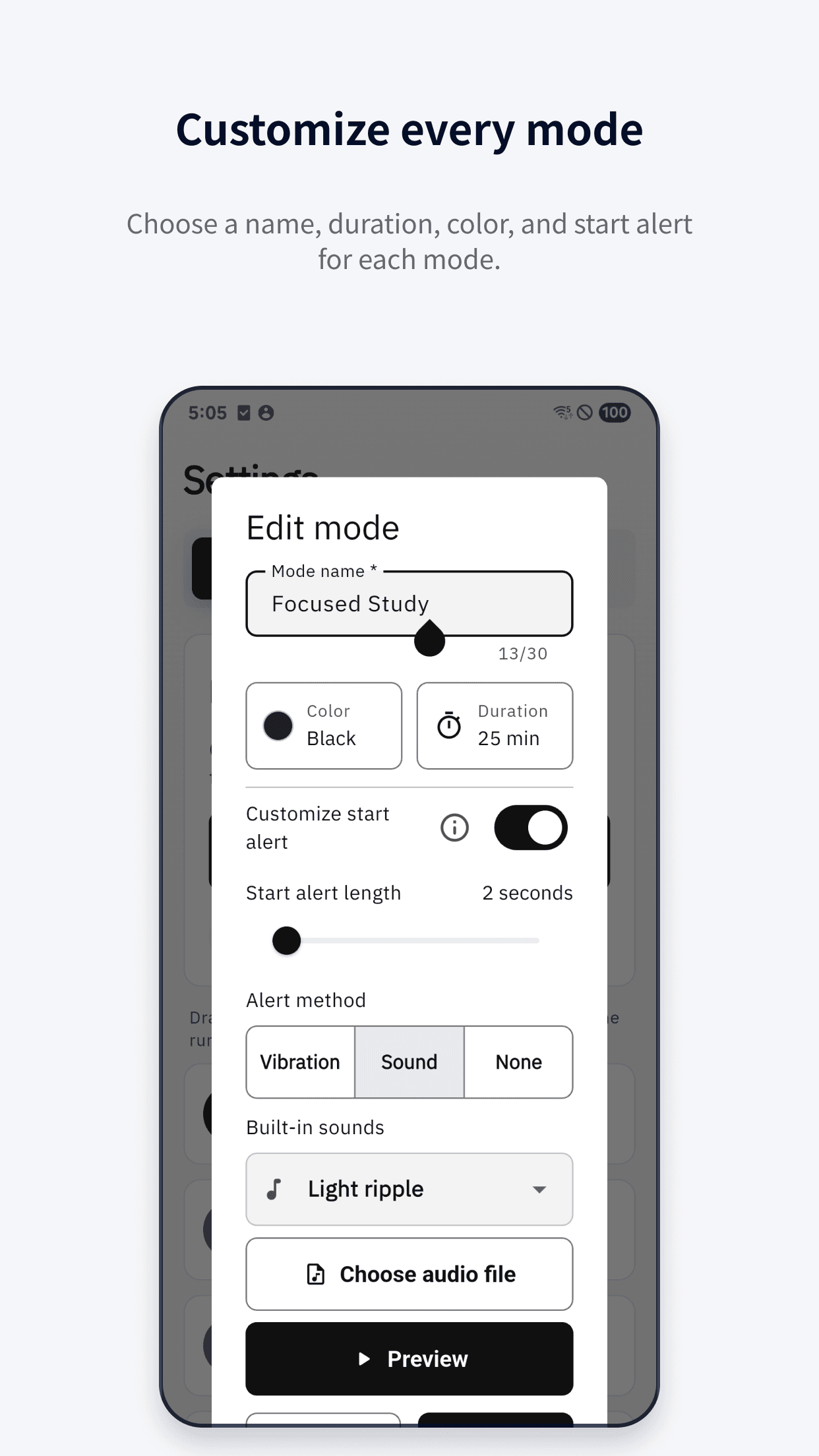 ModeTimer mode settings screen