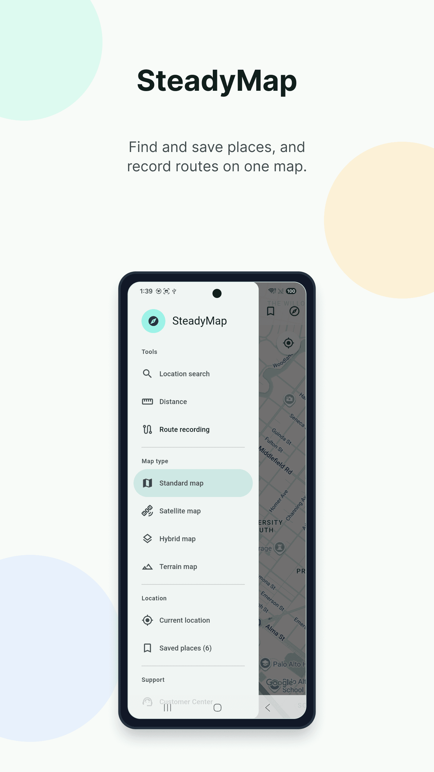 SteadyMap location search, route recording, and map type menu