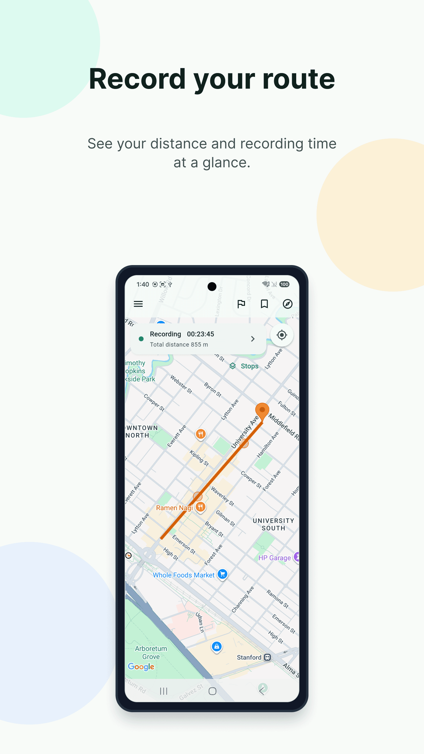 SteadyMap recording a route with distance and recording time