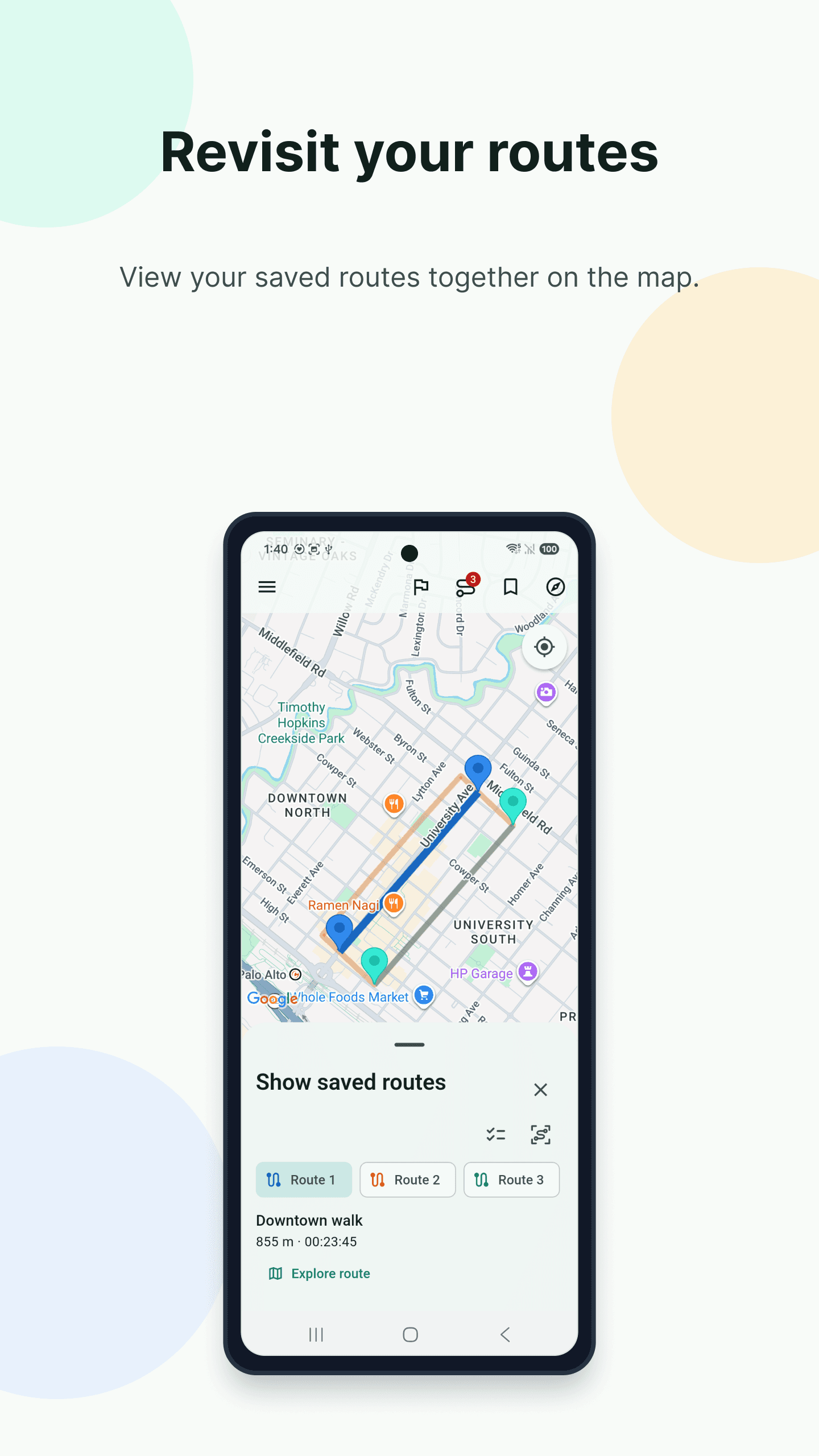 SteadyMap showing multiple saved routes together on the map