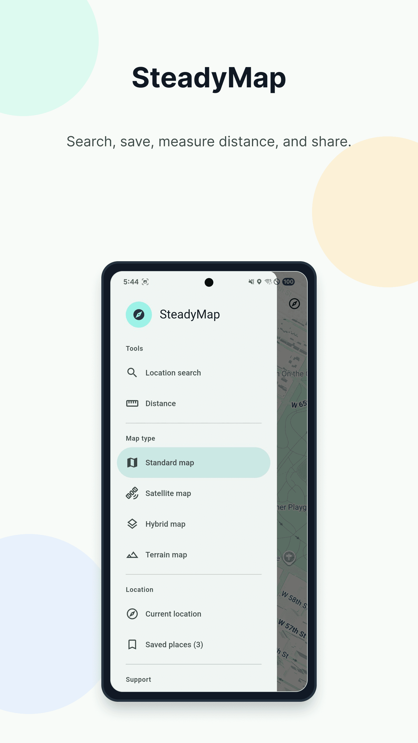 SteadyMap map tools and map type menu