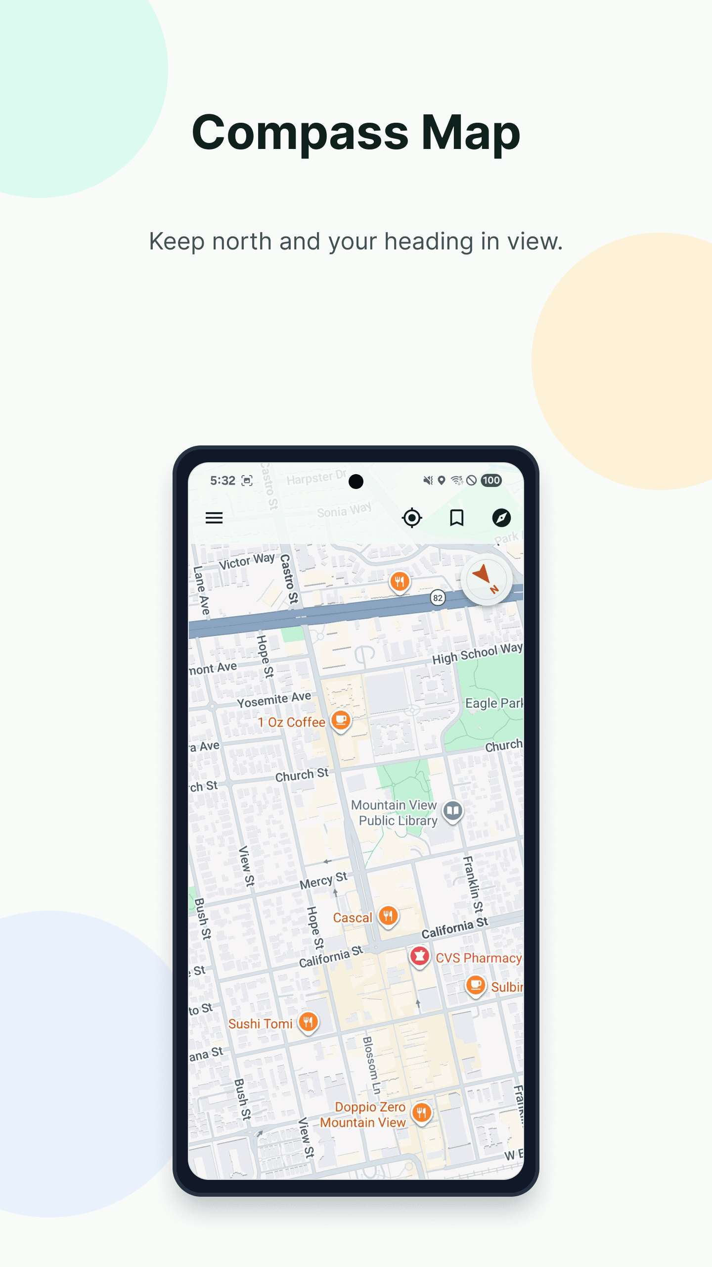 SteadyMap compass map centered on Mountain View