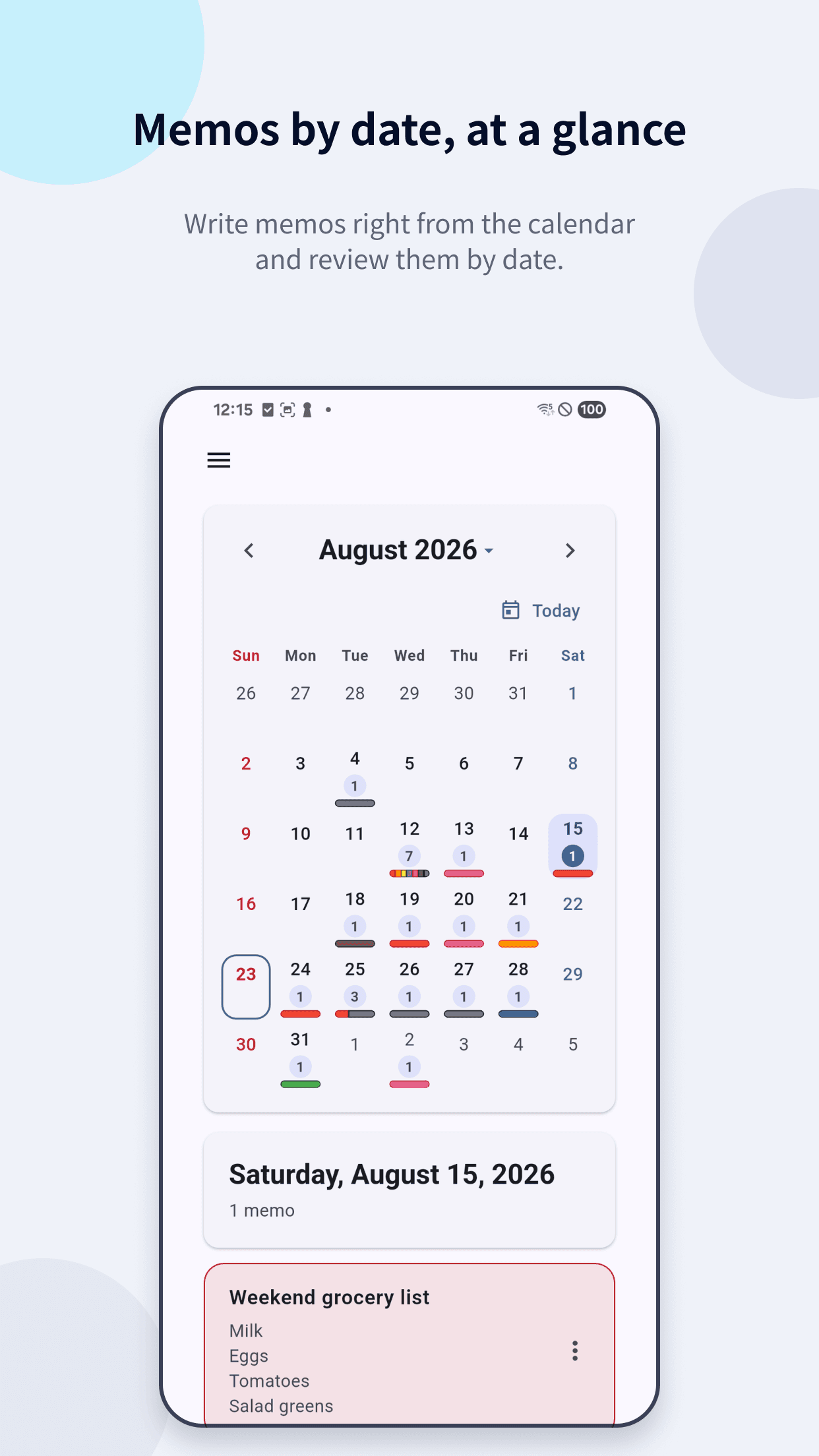 SteadyMemo calendar notes screen