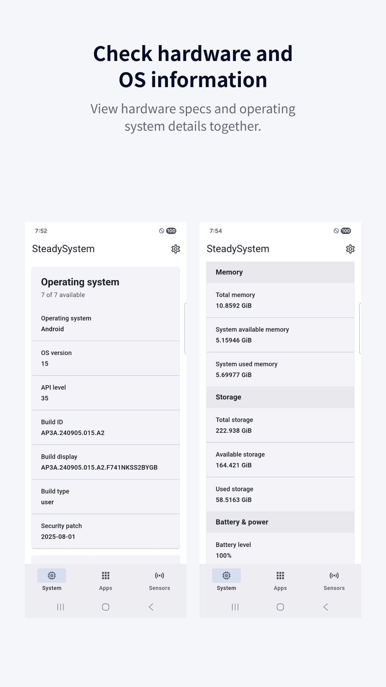 SteadySystem hardware and operating system information