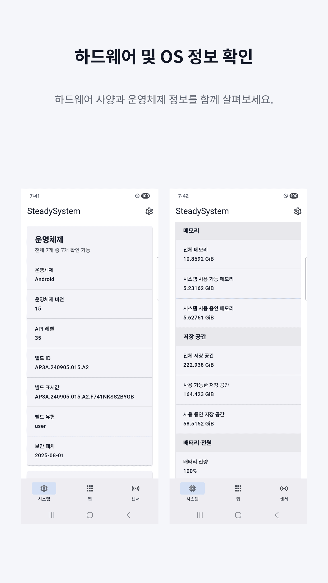 SteadySystem 하드웨어와 운영체제 정보 화면