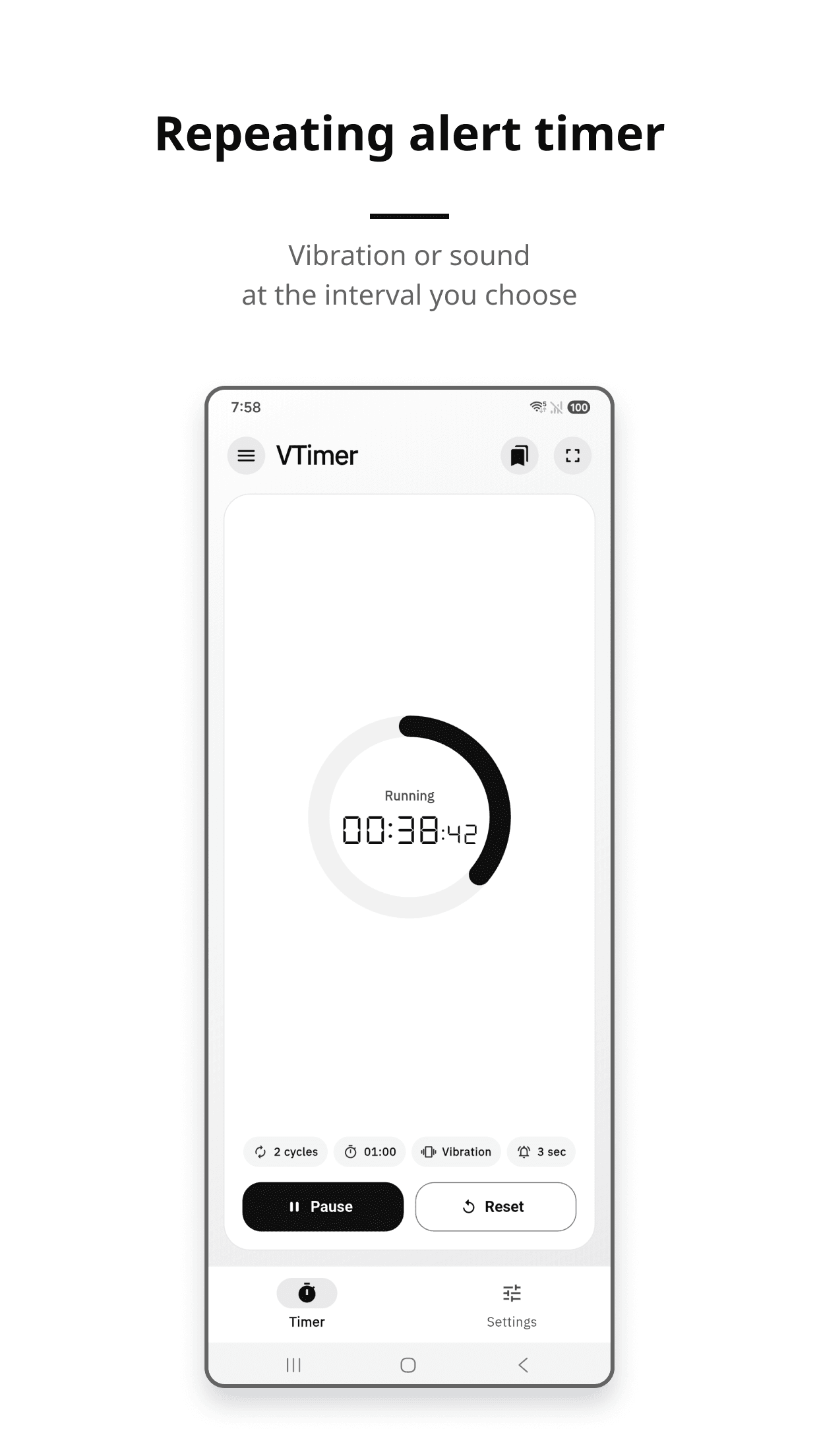VTimer repeating vibration or sound alert timer screen