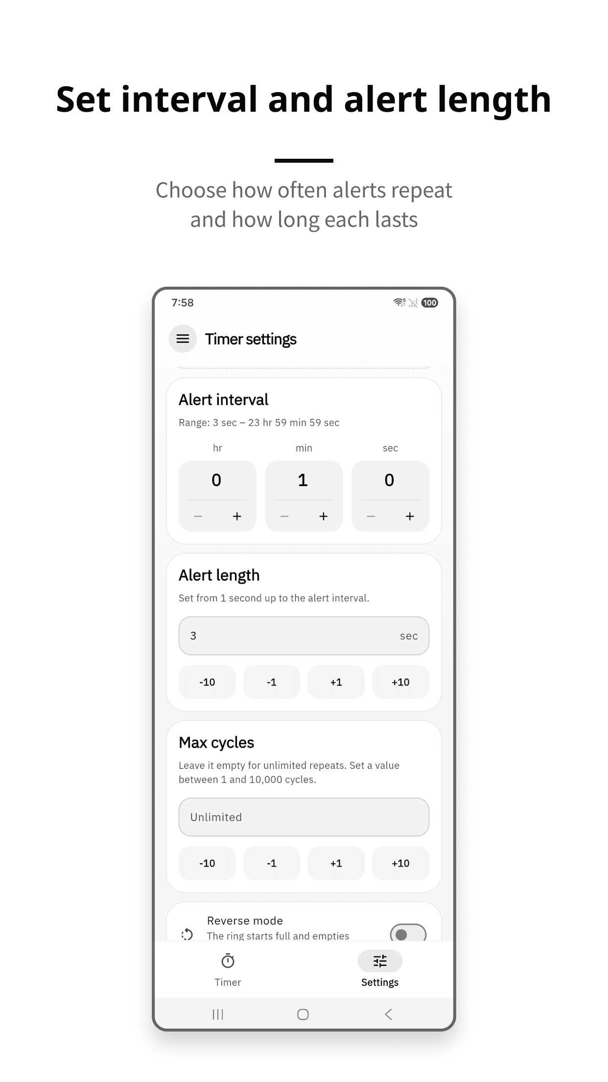 VTimer alert interval and length settings screen
