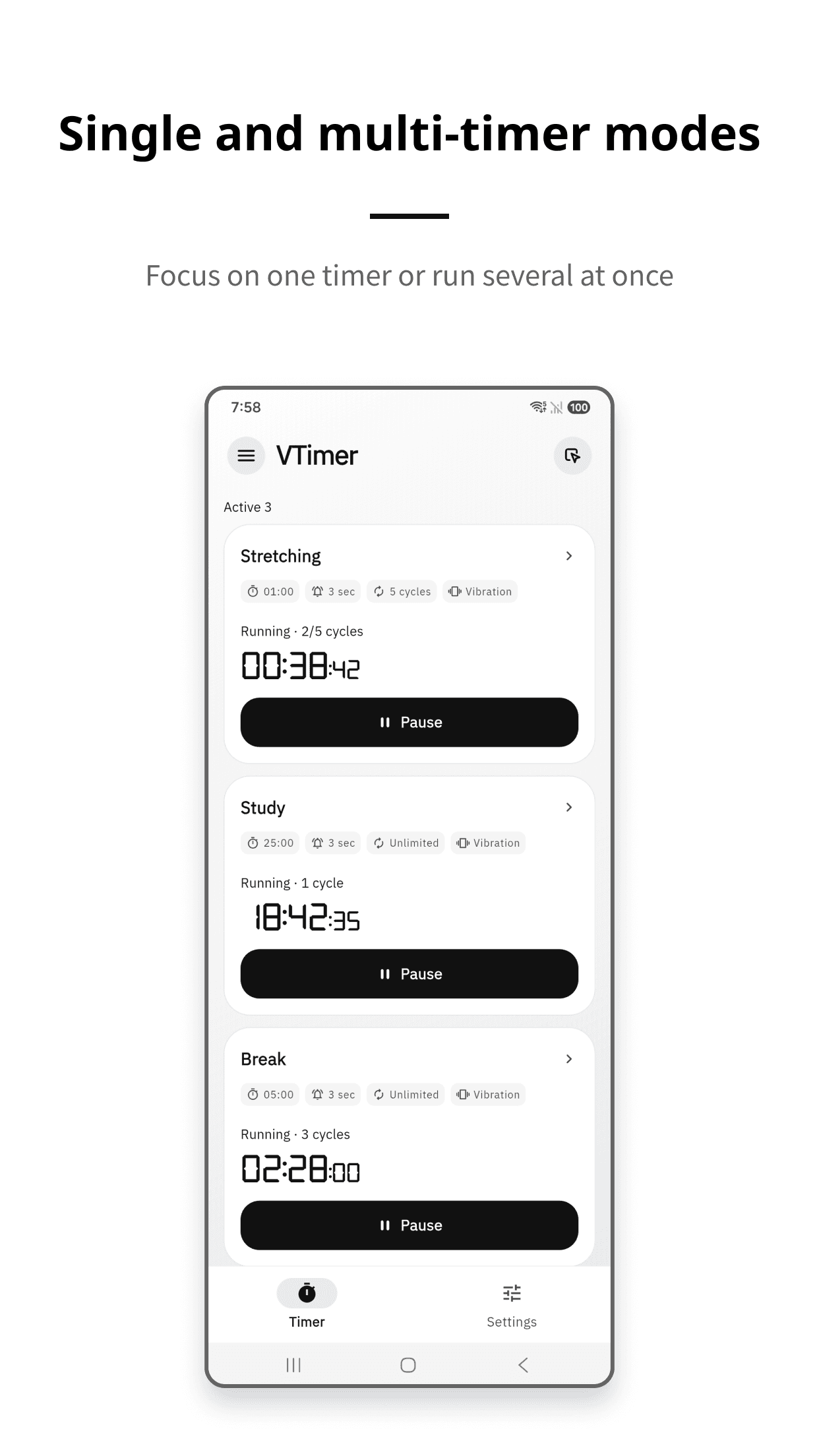 VTimer single and multi-timer screens