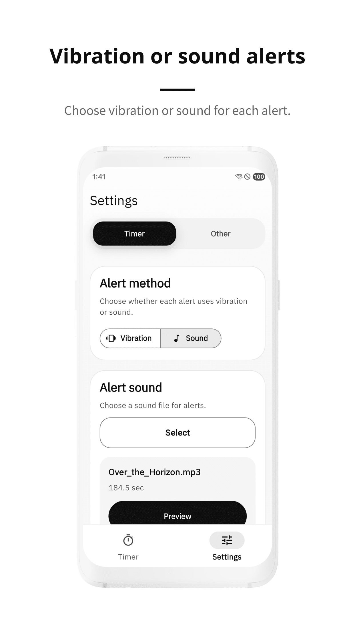 VTimer vibration or sound setting screen