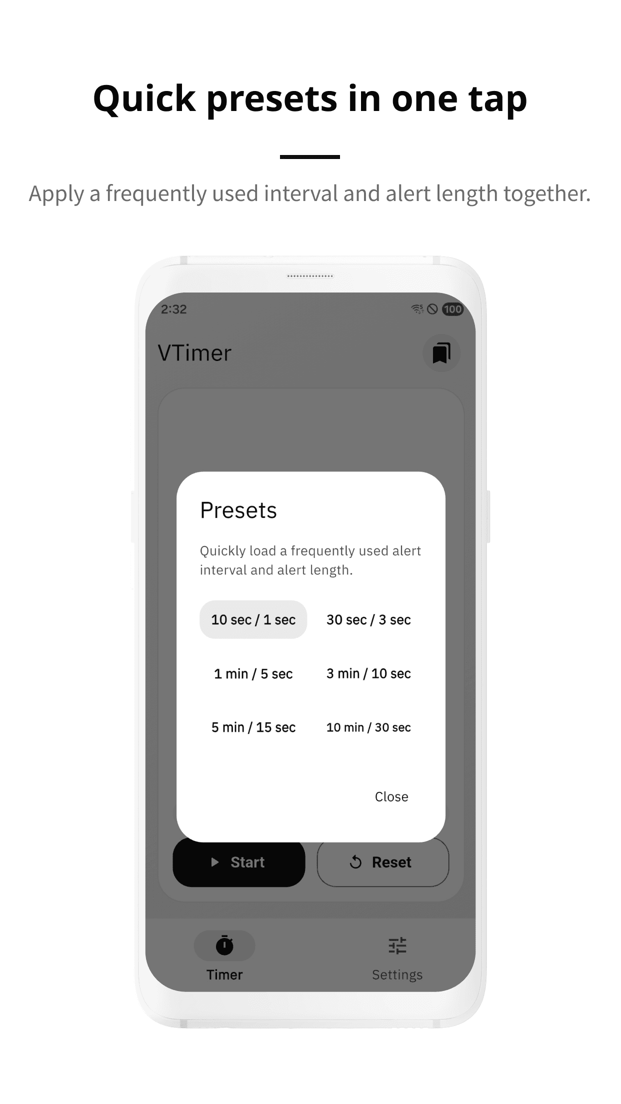 VTimer quick presets screen